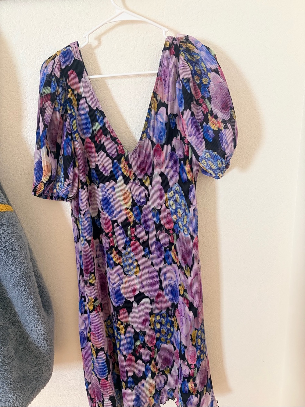 Ganni Pleated Floral V-Neck Dress in Purple, Blue and Pink